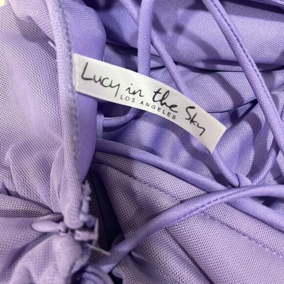 Lucy in the Sky Ruched Bodycon Dress Large Power Mesh Purple Hoco Mini Cocktail - Picture 7 of 11